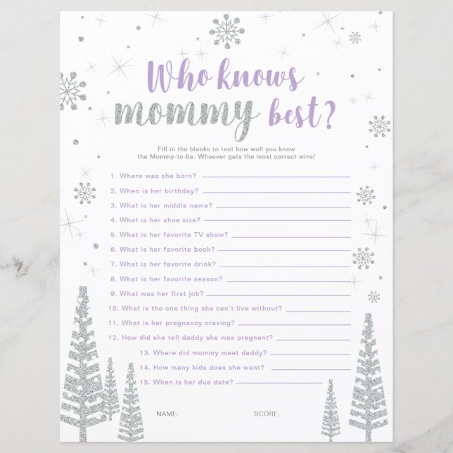 Silver & Lila Winter Wonderland Baby Shower Game (Framsida)