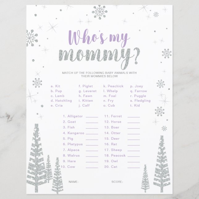 Silver & Lila Winter Wonderland Baby Shower Game (Framsida)