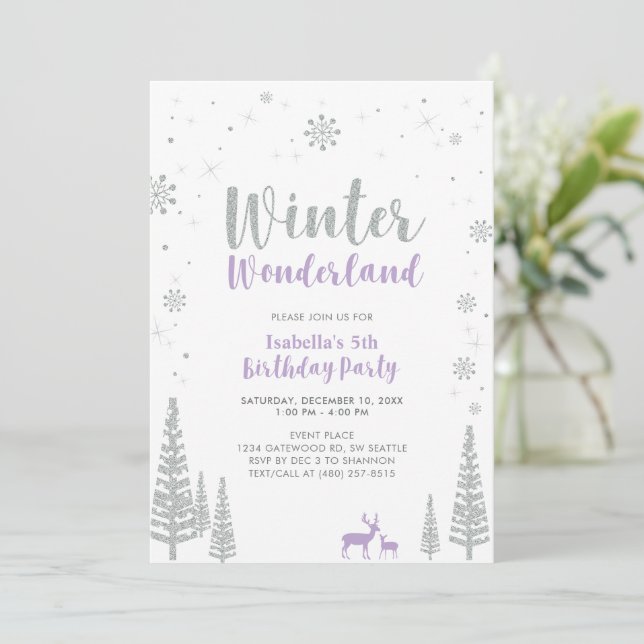 Silver & Lila Winter Wonderland Girl Birthday Inbjudningar (Stående Fram)