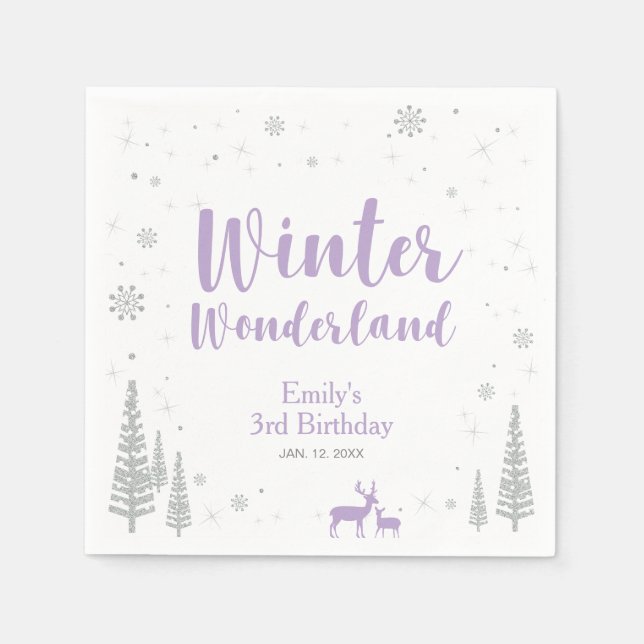 Silver & Lila Winter Wonderland Girl Birthday Pappersservett (Framsidan)