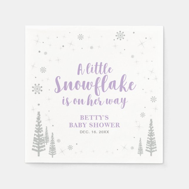 Silver & Lila Winter Wonderland Snö Baby Shower Pappersservett (Framsidan)