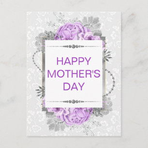 Silver & Lilac Blommor & Glitter Mors Dag Vykort