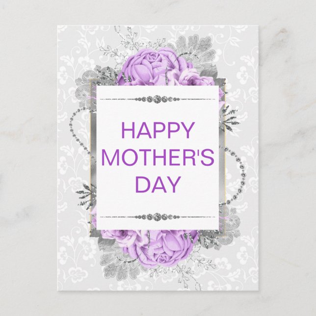 Silver & Lilac Blommor & Glitter Mors Dag Vykort (Framsida)