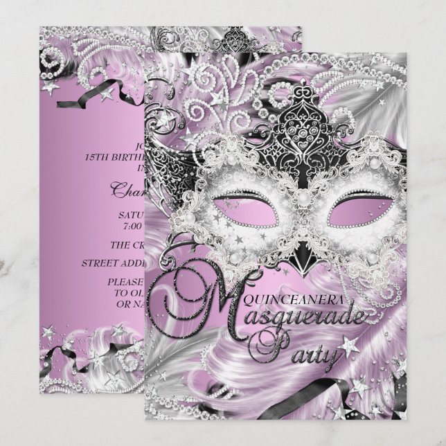 Silver Lilac Gnistra Mask MasqueraQuinceanera Inbjudningar (Fram/baksida)