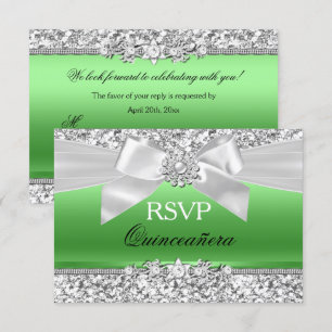 Silver Lime Grön Glitter Bow Quinceanera RSVP Inbjudningar