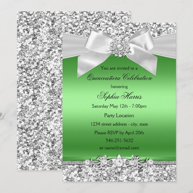 Silver Lime Grön Glitter Jewel Båge Quinceanera Inbjudningar (Fram/baksida)