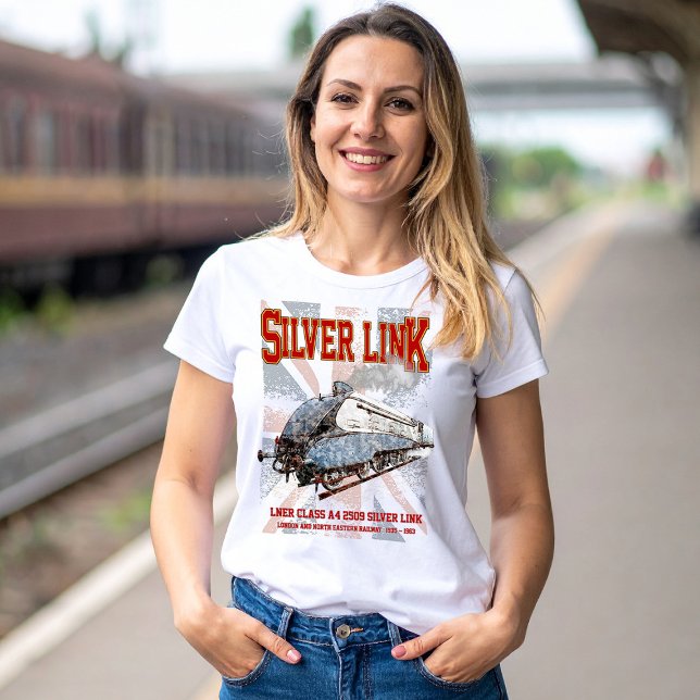 Silver Link LNER klass A4 2509 Locomotive UK flagg T Shirt (Silver Link - LNER Class A4 2509 Steam Train Locomotive. Womens Basic T-Shirt)