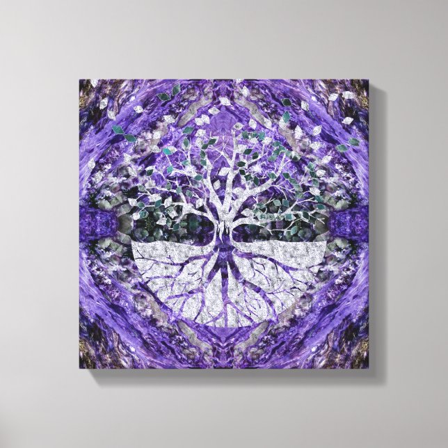 Silver Livets träd Yggdrasil om Amethyst Geode Canvastryck (Framsida)