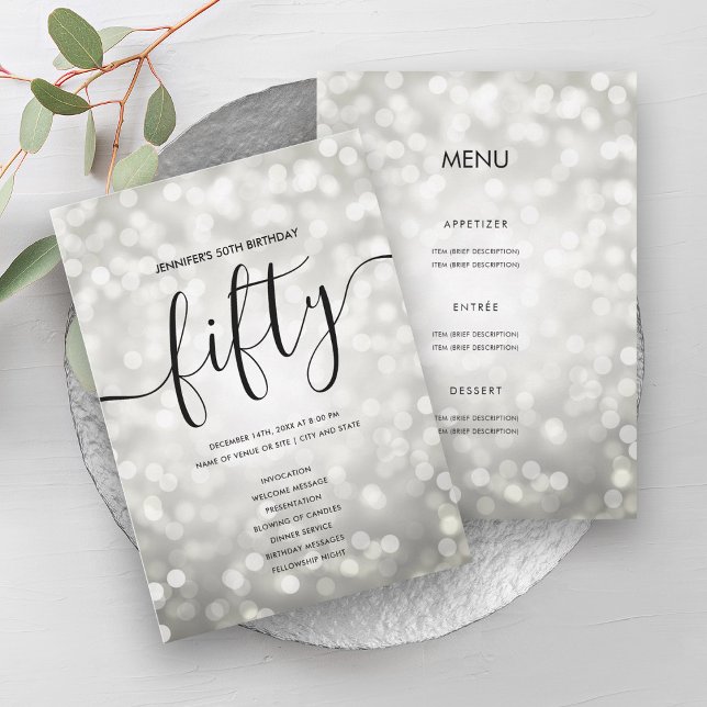 Silver Ljus 50:e födelsedagsprogrammet Inbjudningar (Silver Lights 50th Birthday Menu Program)