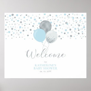 Silver & Ljusblå Ballonger Baby Shower Välkomsts Poster