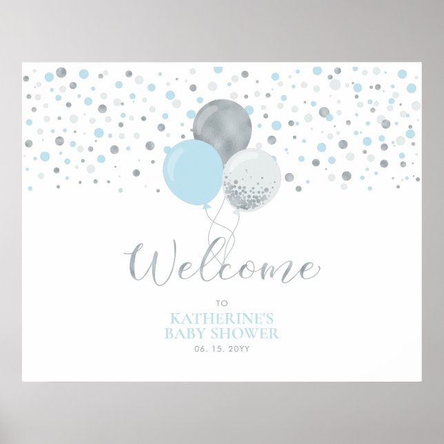 Silver & Ljusblå Ballonger | Baby Shower Välkomsts Poster (Framsidan)
