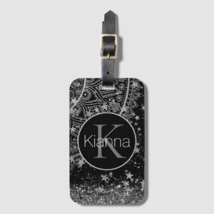 Silver Lotus Mandala med Silver Stars Monogram Bagagebricka