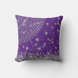 Silver Lotus Mandala med Silver Stars på Lila Kudde