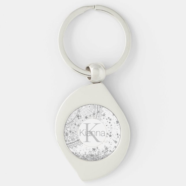 Silver Lotus Mandala Stars Glitter Monogram Swirl Silverfärgad Nyckelring (Framsidan)
