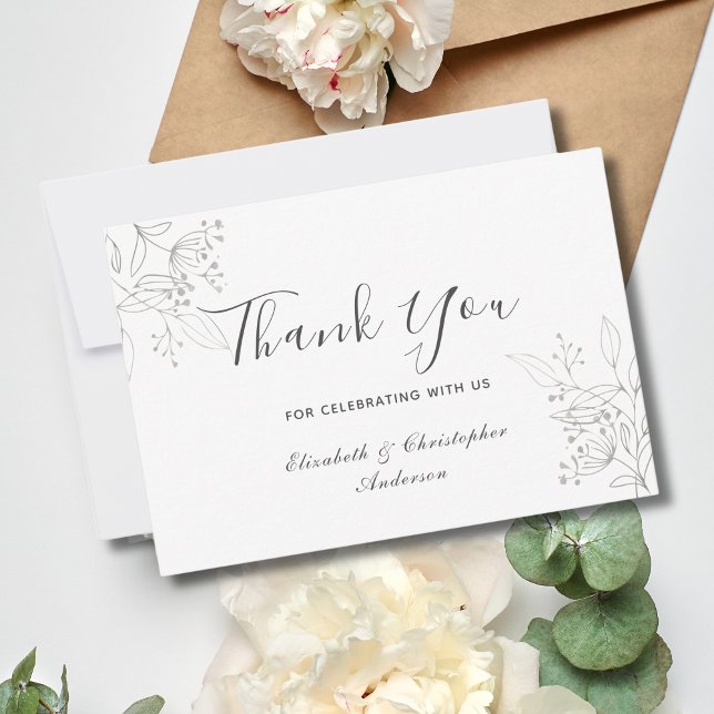 Silver Löv Blommigt Botaniskt minimalistiskt Bröll Tack Kort (Silver Gray Botanical Floral Elegant Wedding Thank you card)