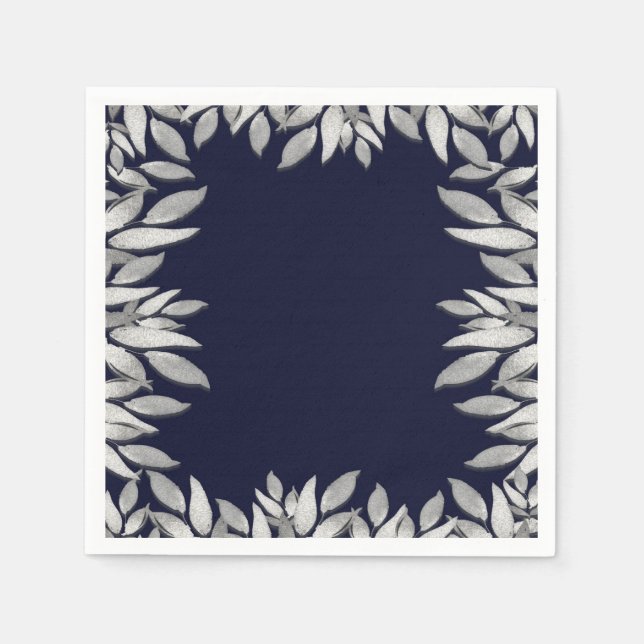 Silver Löv Botaniskt Glam Blue Rosa Bröllop Pappersservett (Framsidan)