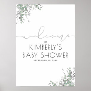 Silver Löv Grey Elegant Baby Shower Välkommen Poster