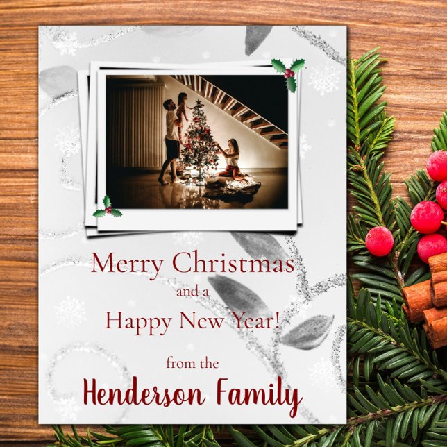 Silver Löv - platt Helgdag-fotokort Julkort (Silver Leaves Flat Holiday Photo Card)