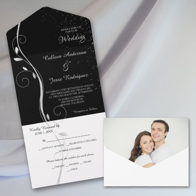 Silver Löv Swirl Black Photo Template Bröllop (Skapare uppladdad)