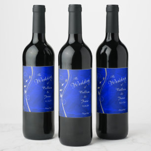 Silver Löv Swirl Bright Blue Bröllop Vin-etikett Vinflaska Etikett