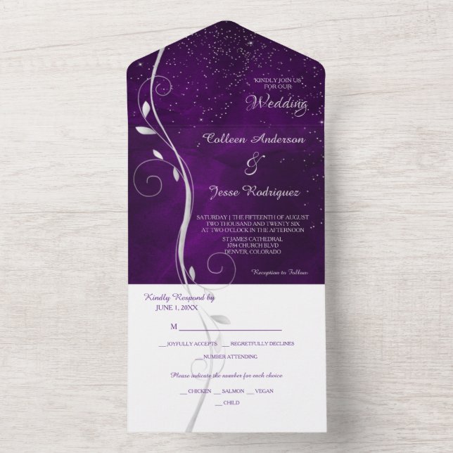 Silver Löv Swirl Lila Photo Template Bröllop (Insida)