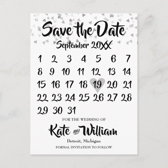 Silver Love Heart Kalender Spara Datum Meddelande Vykort (Framsida)
