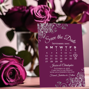 Silver & Magenta Plommon Elegant Bröllopskalender Spara Datumet