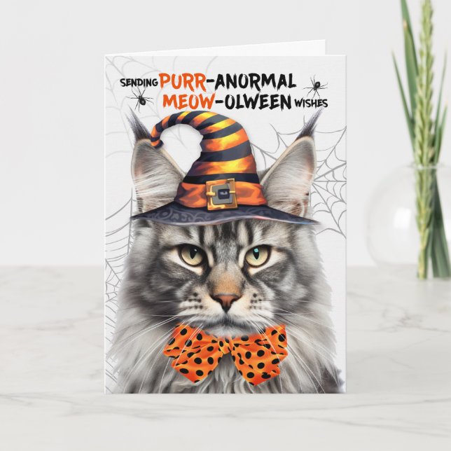 Silver Maine Coon Cat PURRanormal MEOWolween Helgkort (Framsida)