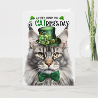 Silver Maine Coon St CATrick's Day Lucky Charm Helgkort