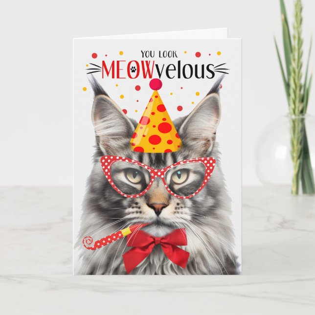 Silver Maine Coon Tabby katt MEOWvelous Birthday Kort (Framsida)