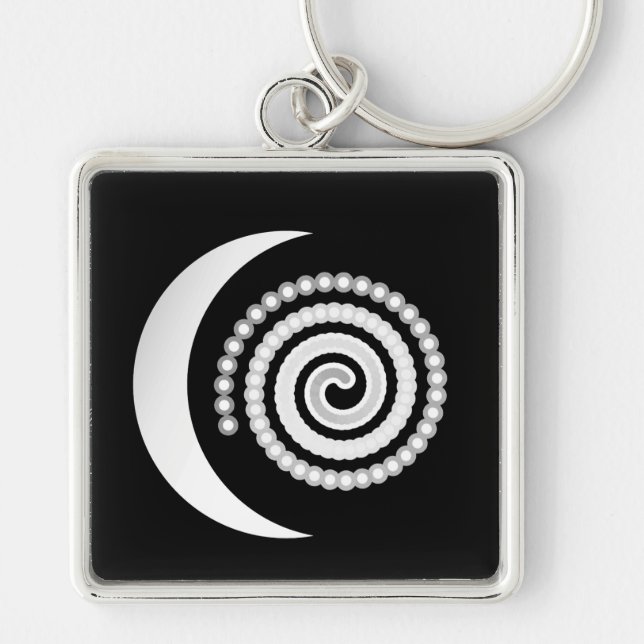 Silver Måne Spiral i svart Fyrkantig Silverfärgad Nyckelring (Framsidan)
