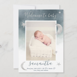Silver måne stjärnor blå vattenfärgsfoto baby föde meddelande