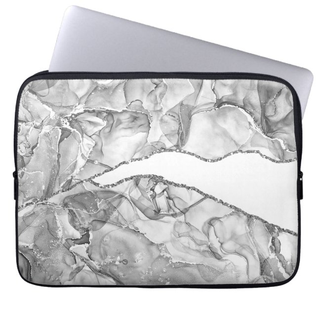 SILVER MARBLE AGATE GLITTER GLAM LAPTOP FODRAL (Framsidan)