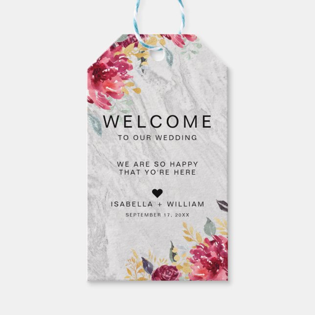 Silver Marble Blommigt Guld Burgundy Bröllop Presentetikett (Framsidan)