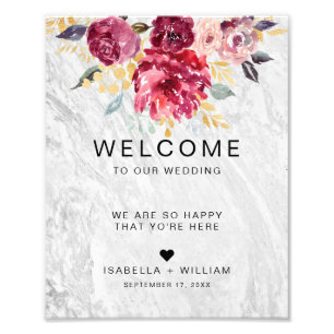 Silver Marble Blommigt Guld Burgundy Bröllop-tecke Fototryck