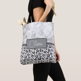 Silver Marble Glittery Silve Leopard Personlig Tygkasse