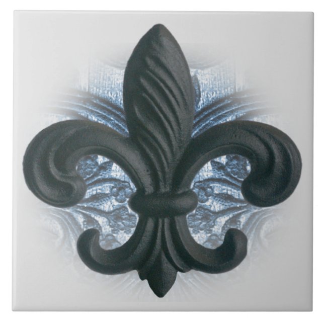 "silver-/marin" järn fleur de lis STOR TILE/TRIVET Kakelplatta (Framsidan)