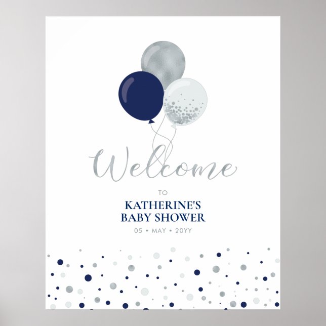 Silver & Marinblå Ballonger | Baby Shower Välkomst Poster (Framsidan)