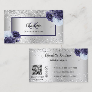 Silver marinblå blommigtar i monogram QR-kod Visitkort