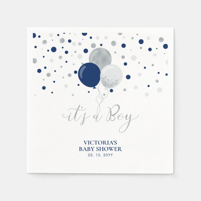 Silver & Marinblå Det är en Pojke Baby Shower Serv Pappersservett (Framsidan)