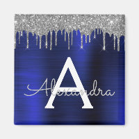 Silver Marinblå Glitter Borstat Metall Monogram