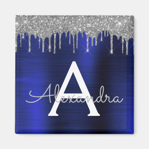 Silver Marinblå Glitter Borstat Metall Monogram Magnet