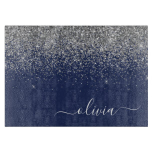 Silver Marinblå Glitter Girlig Monogram Namn
