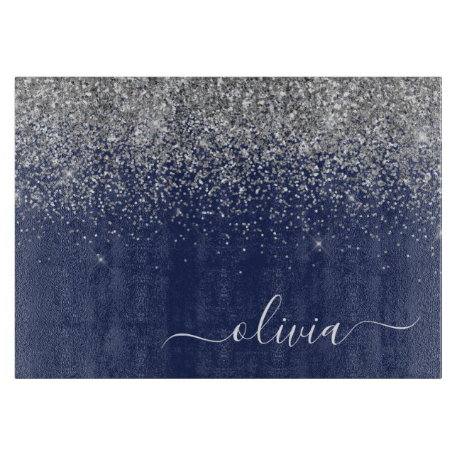 Silver Marinblå Glitter Girlig Monogram Namn (Framsidan)