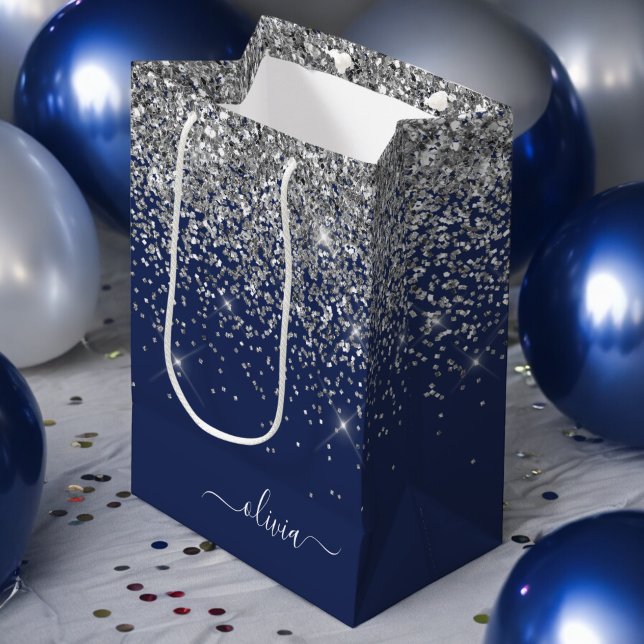 Silver Marinblå Glitter Girlig Monogram Namn (Skapare uppladdad)