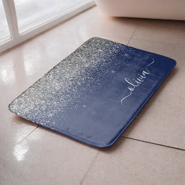 Silver Marinblå Glitter Girlig Monogram Namn Badrumsmatta