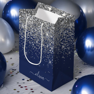 Silver marinblå Glitter Girly Monogram Namn