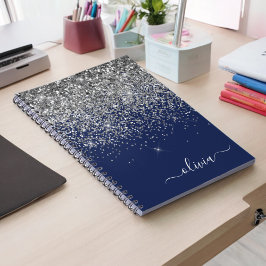 Silver marinblå Glitter Girly Monogram Namn Anteckningsbok