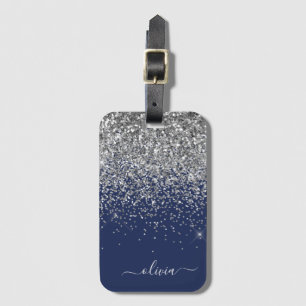 Silver marinblå Glitter Girly Monogram Namn Bagagebricka