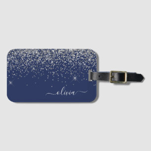 Silver marinblå Glitter Girly Monogram Namn Bagagebricka